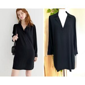 NEW J.Crew $158 Womens Long-sleeve Shift Dress L Crepe Black V Neck Notch Collar